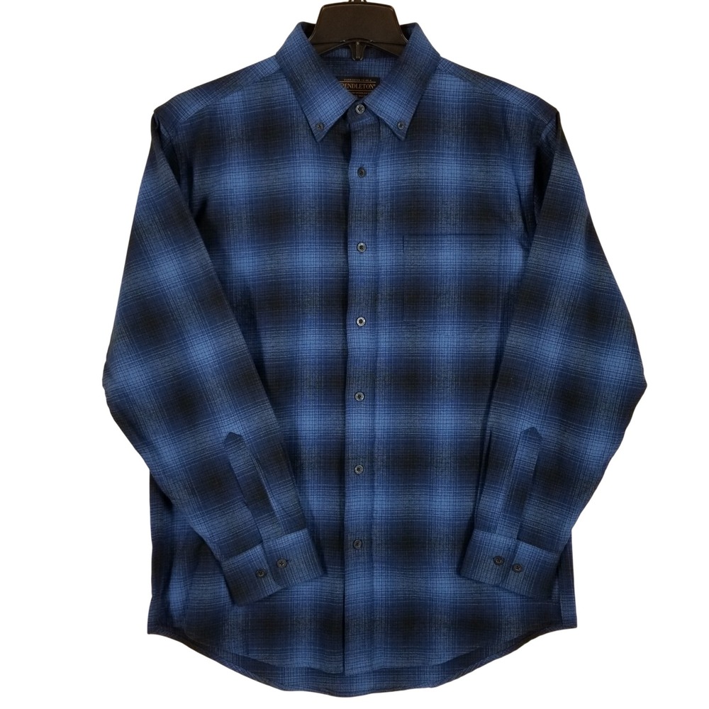 Pendleton Button Down Shirt Men M Blue Ombre Plaid Textured Cotton Long Sleeve